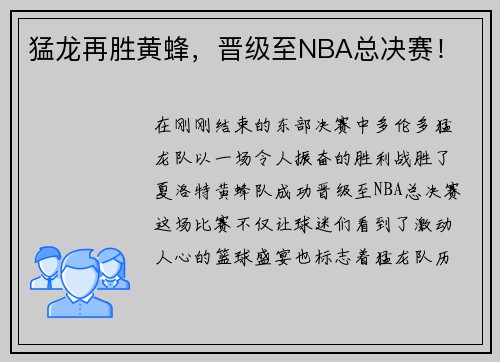 猛龙再胜黄蜂，晋级至NBA总决赛！