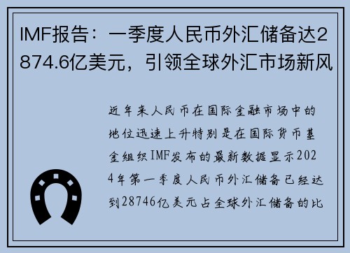 IMF报告：一季度人民币外汇储备达2874.6亿美元，引领全球外汇市场新风向